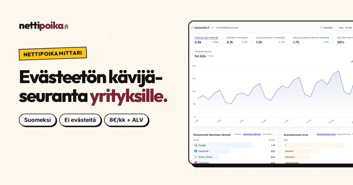 Nettipoika Mittarin suomenkielinen raporttinäkymä.