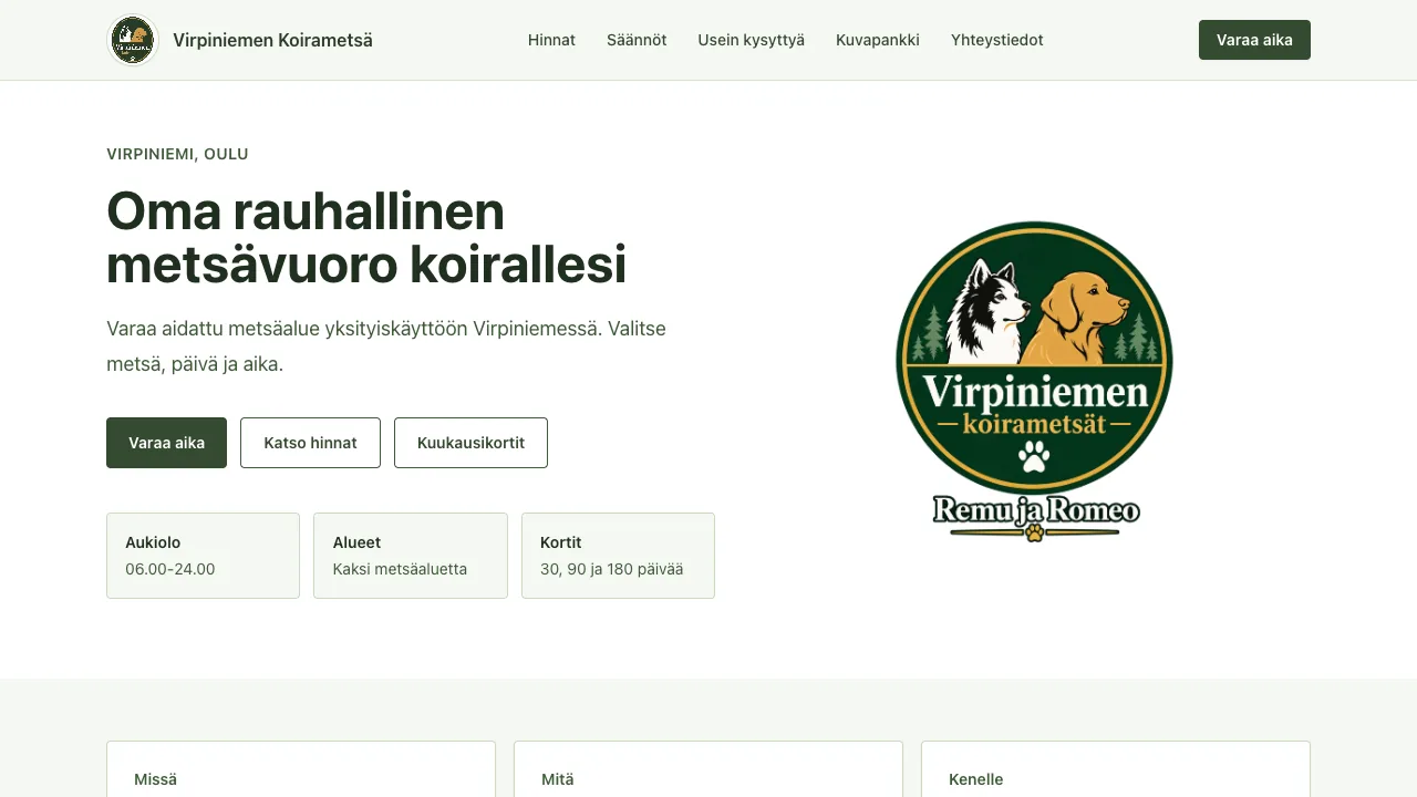 Kuvakaappaus Virpiniemen koirametsien verkkosivustosta.